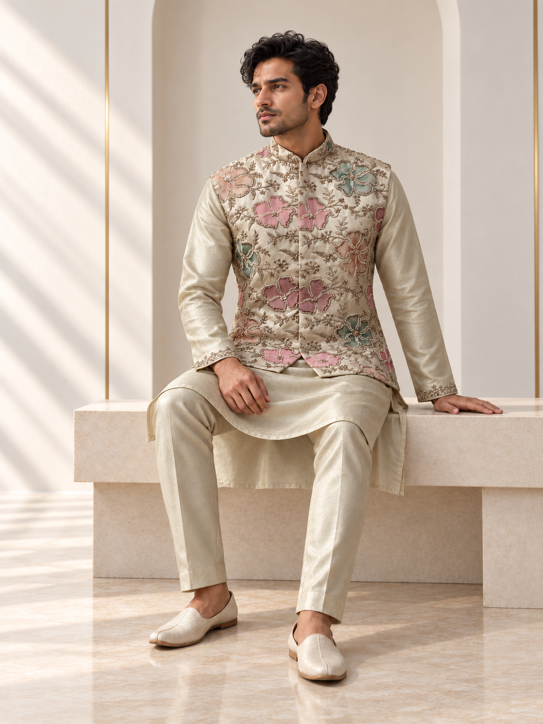 Champagne Ivory Pastel Floral Nehru Jacket Kurta Set