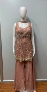 Peach Gold Embroidered Peplum Palazzo Ensemble