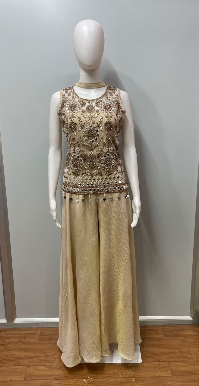 Champagne Gold Mirrorwork Palazzo Dupatta Set