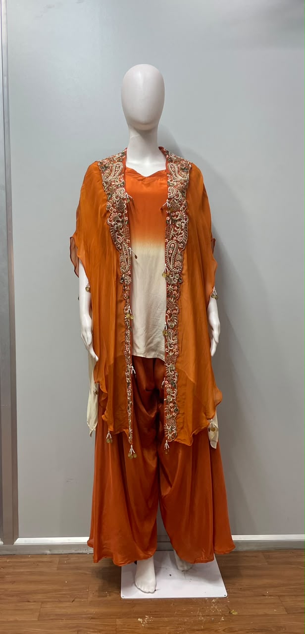 Tangerine Ivory Embroidered Cape Palazzo Couture Ensemble