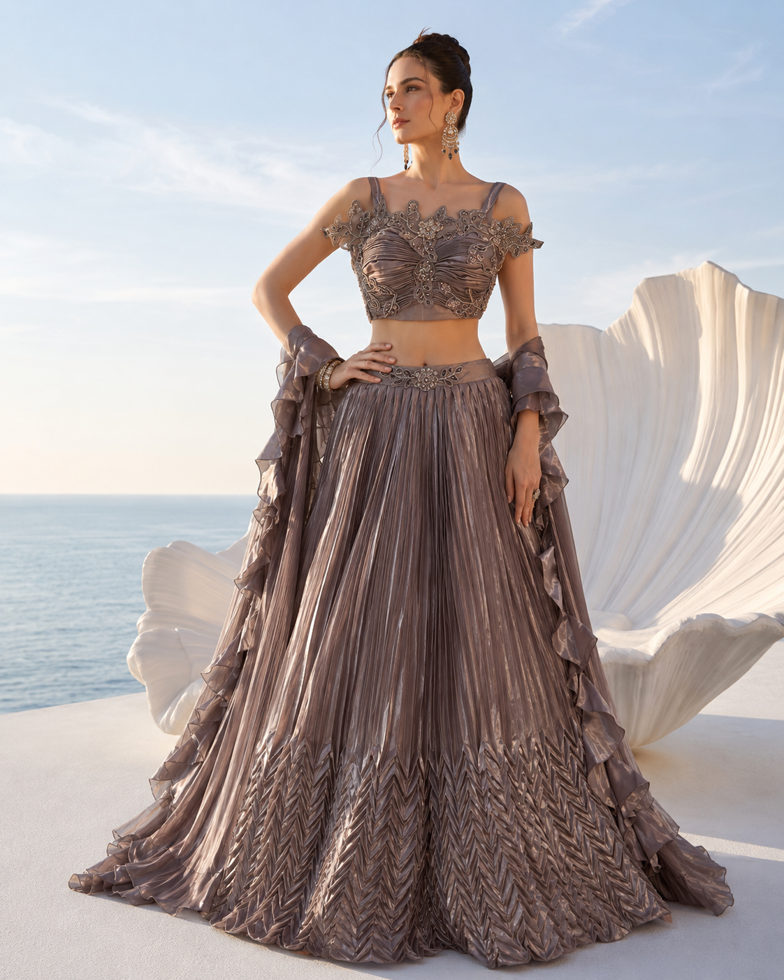 Mocha Mauve Pleated Lehenga Set