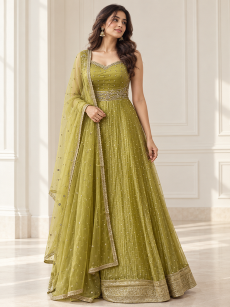 Chartreuse olive anarkali set with gold floral work and matching sheer dupatta