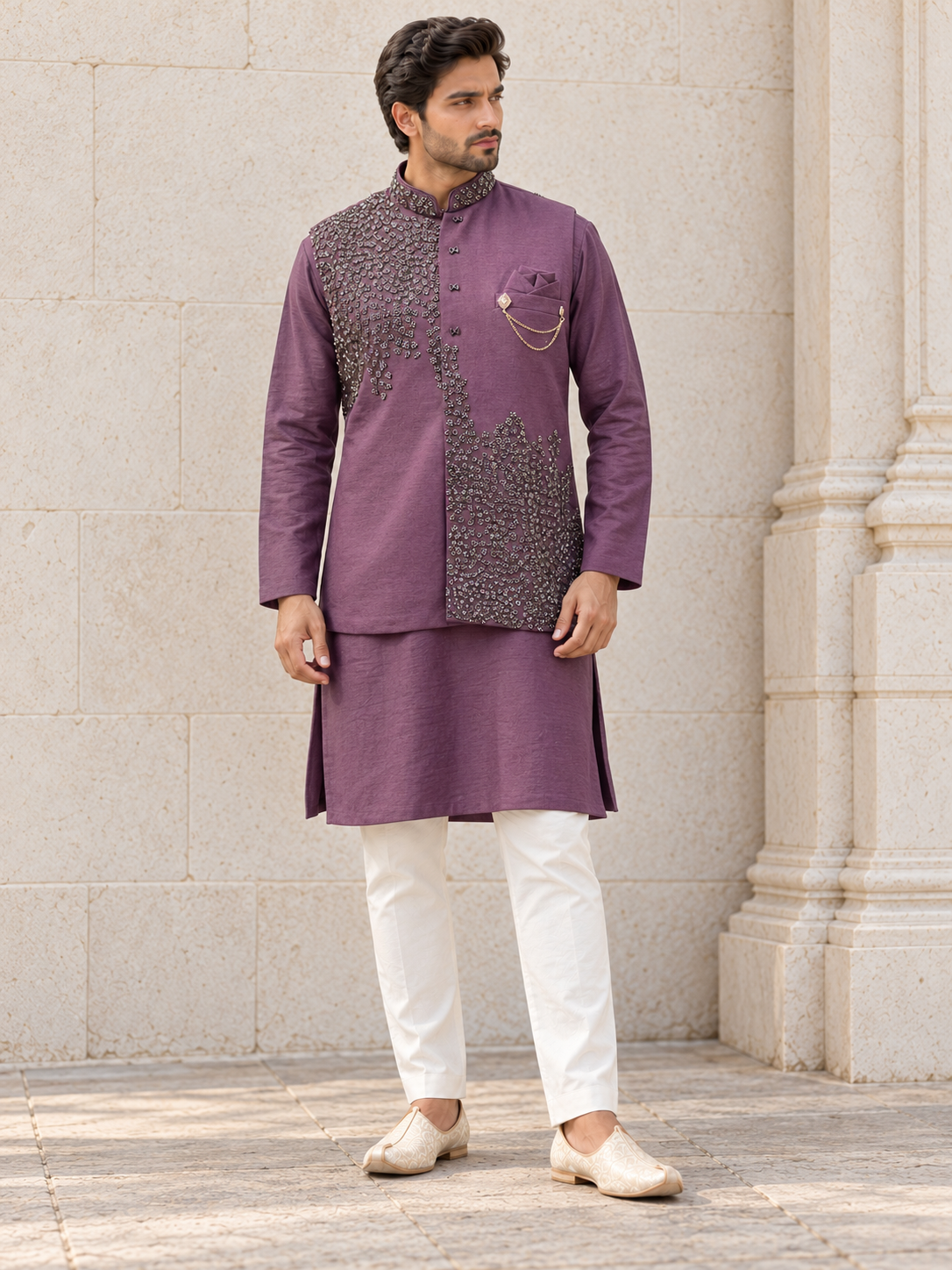 Plum men's kurta with a gunmetal beaded Nehru waistcoat and band collar