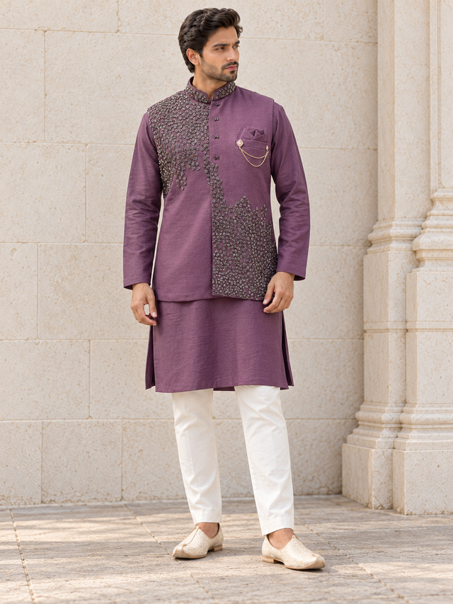Plum men's kurta with a gunmetal beaded Nehru waistcoat and band collar