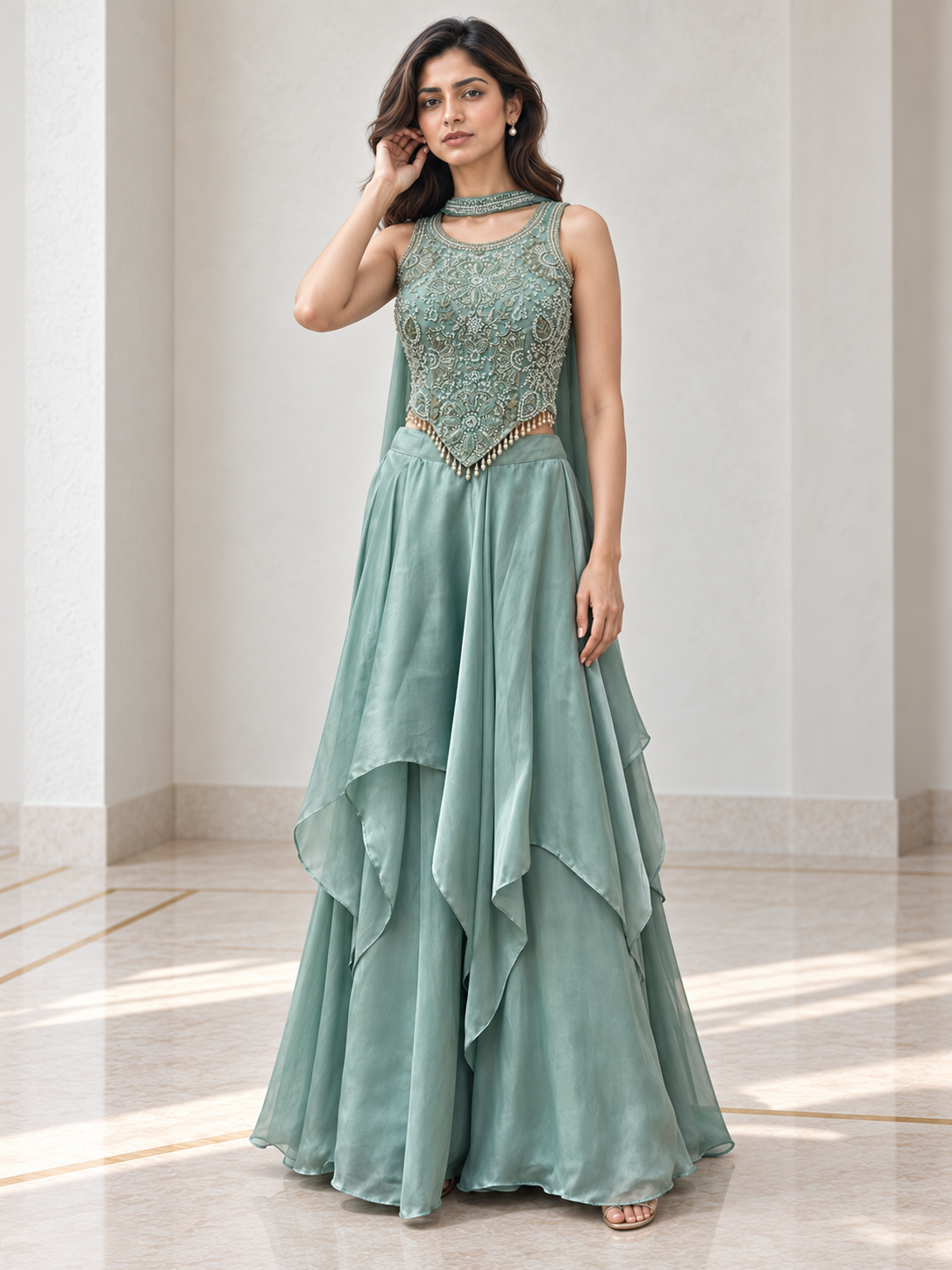 Seafoam Green Silver Pearl Jewel Layered Palazzo Set