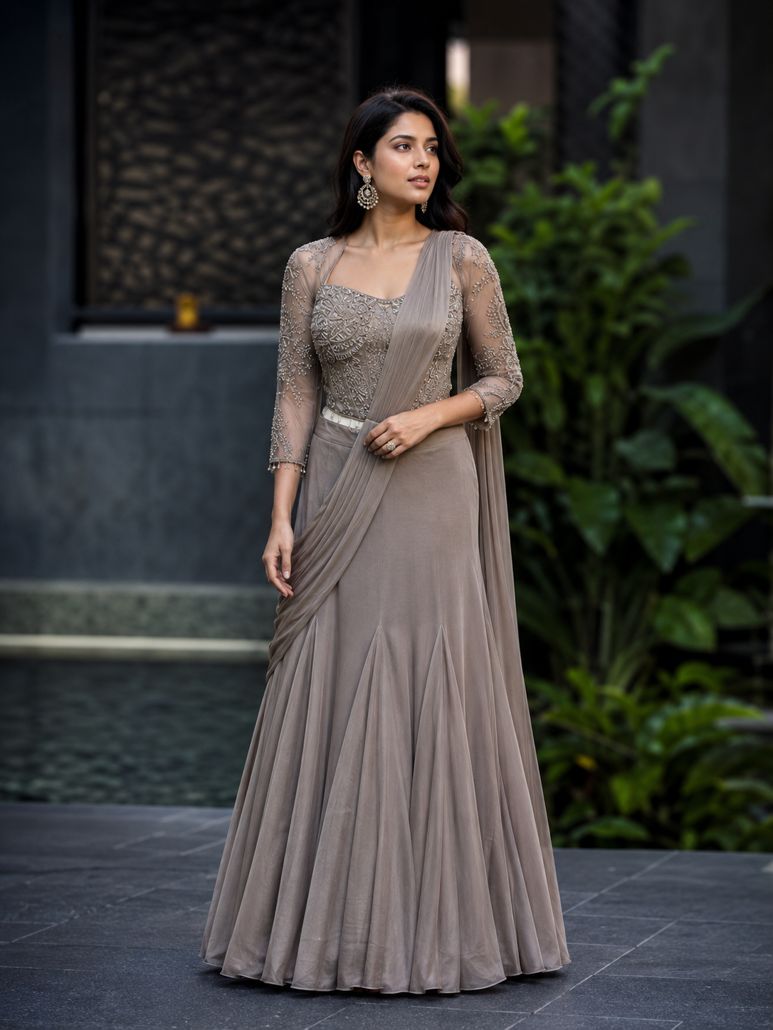 Taupe Silver Corset Draped Saree Set