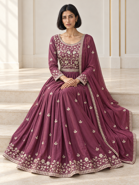 Dusty plum anarkali set with antique gold floral embroidery
