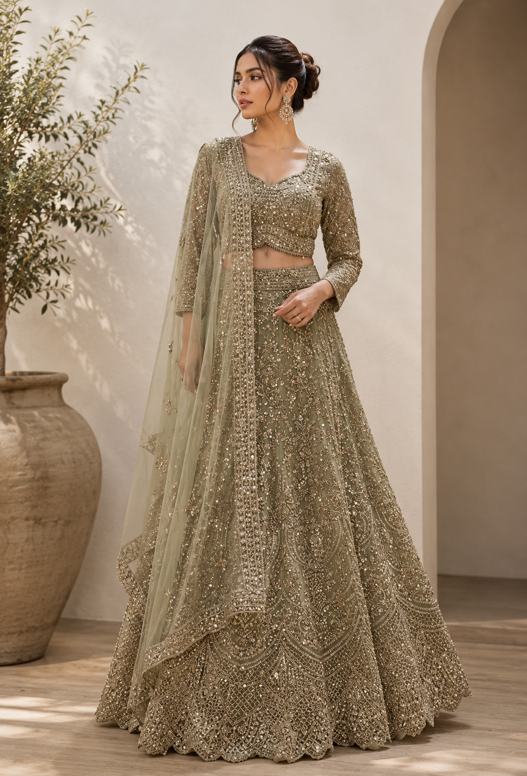 Sage Champagne Embroidered Bridal Lehenga Set