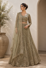 Sage Champagne Embroidered Bridal Lehenga Set