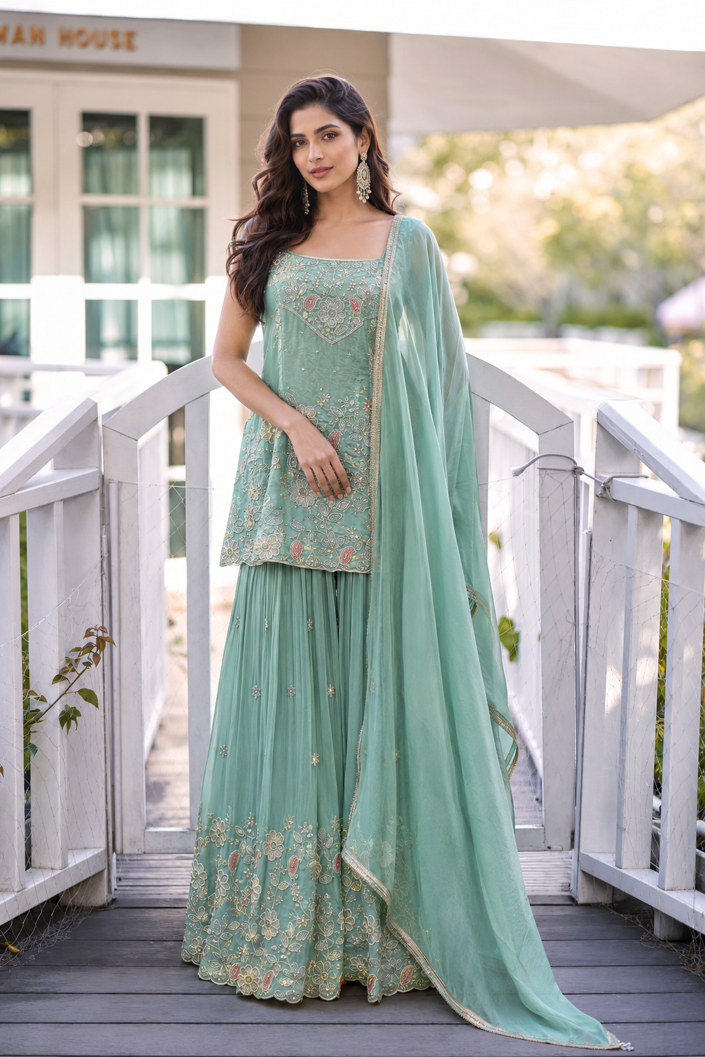 Mint Floral Embroidered Sharara Set