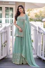 Mint Floral Embroidered Sharara Set