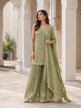 Olive Gold Floral Embroidered Sharara Ensemble