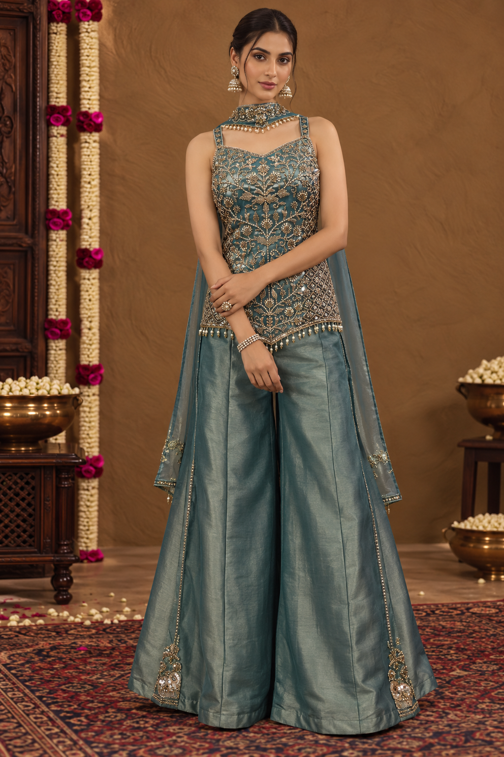 Deep Teal Antique Gold Floral Palazzo Set