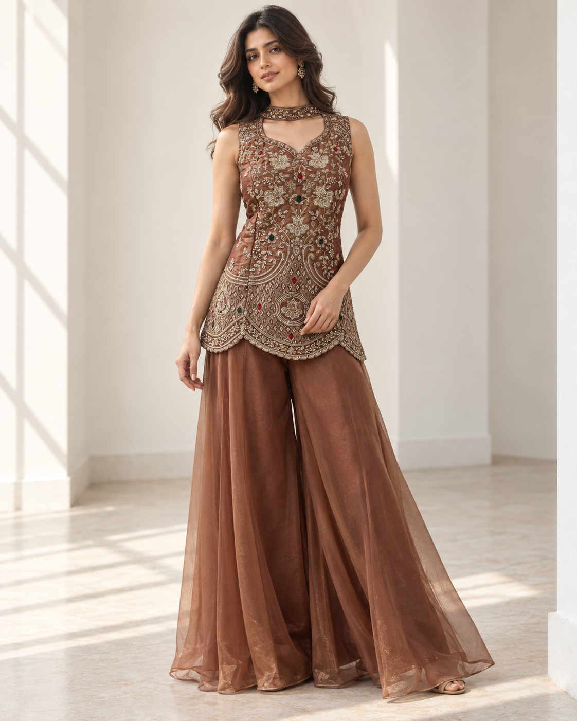 Burnt Mocha Antique Gold Jewel Palazzo Set