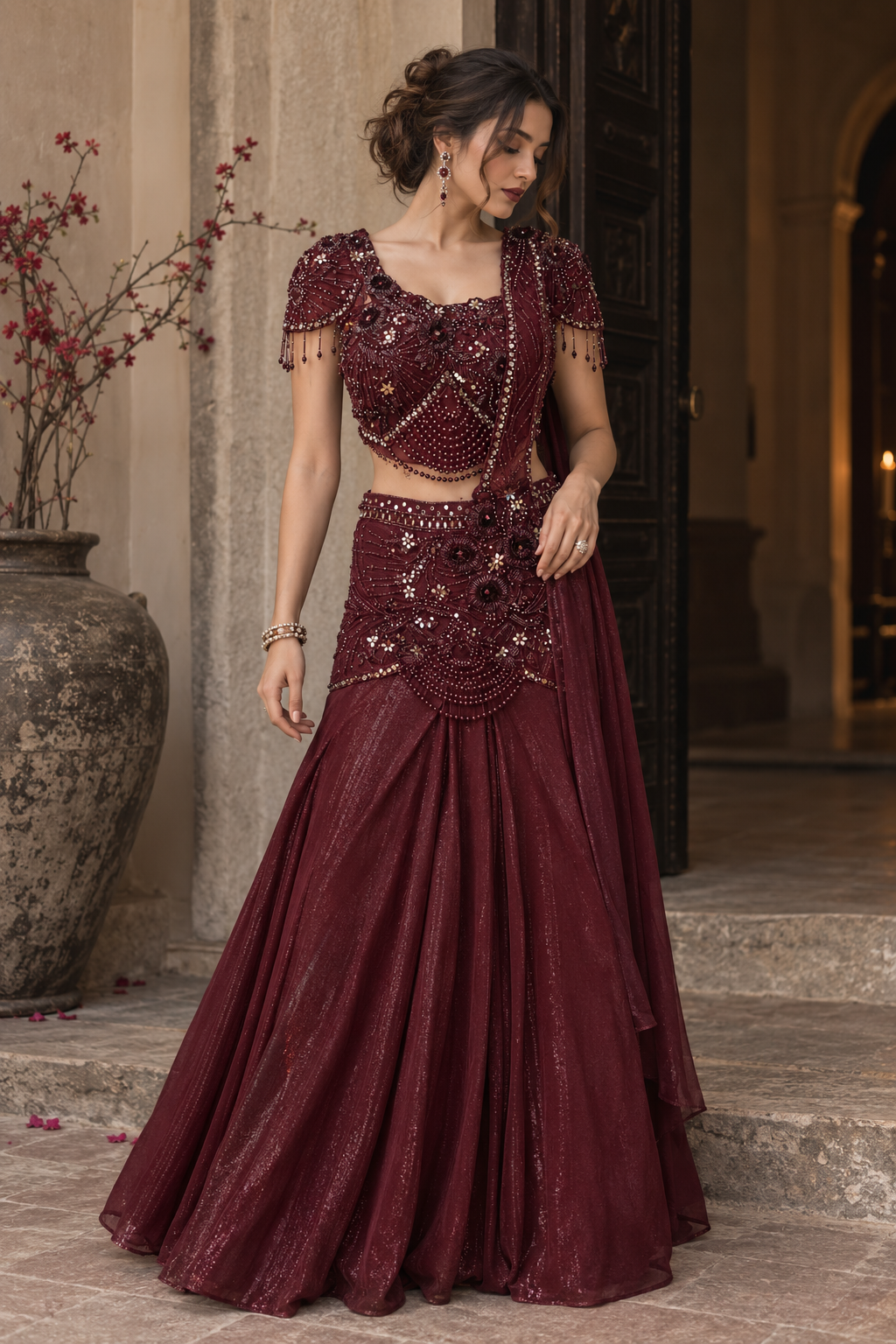 Deep Plum Crystal Draped Skirt Set
