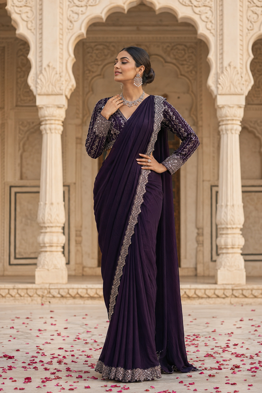 Midnight Plum Mirror Draped Saree Set