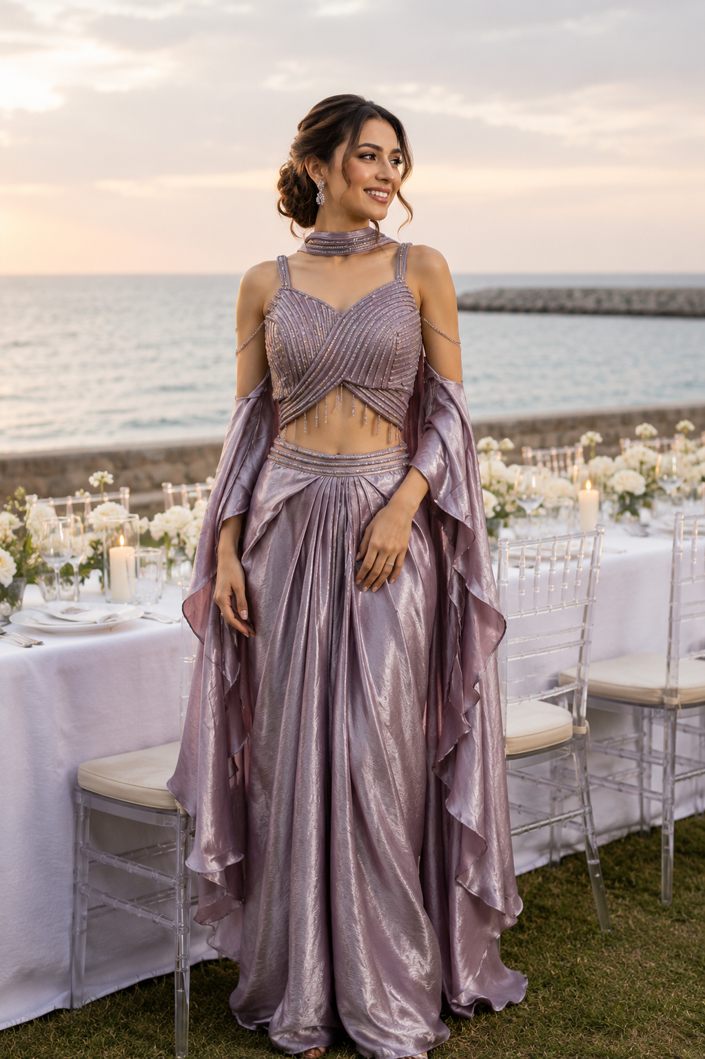 Pearl Lilac Crystal Draped Saree Set