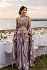Pearl Lilac Crystal Draped Saree Set