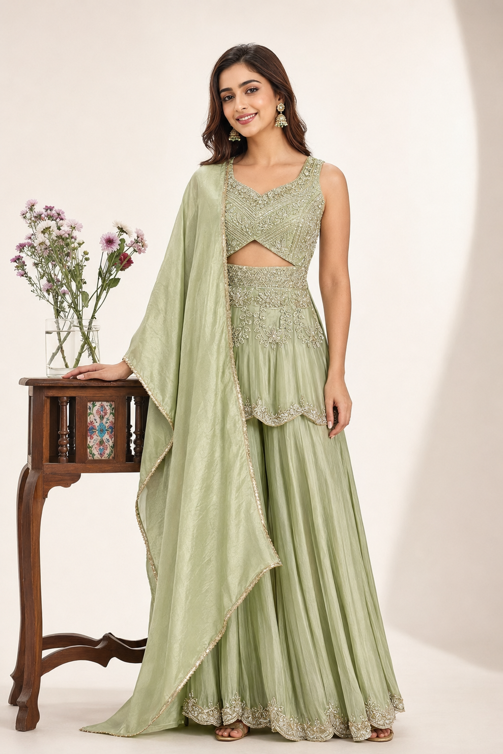 Pistachio Gold Embroidered Palazzo Suit Set