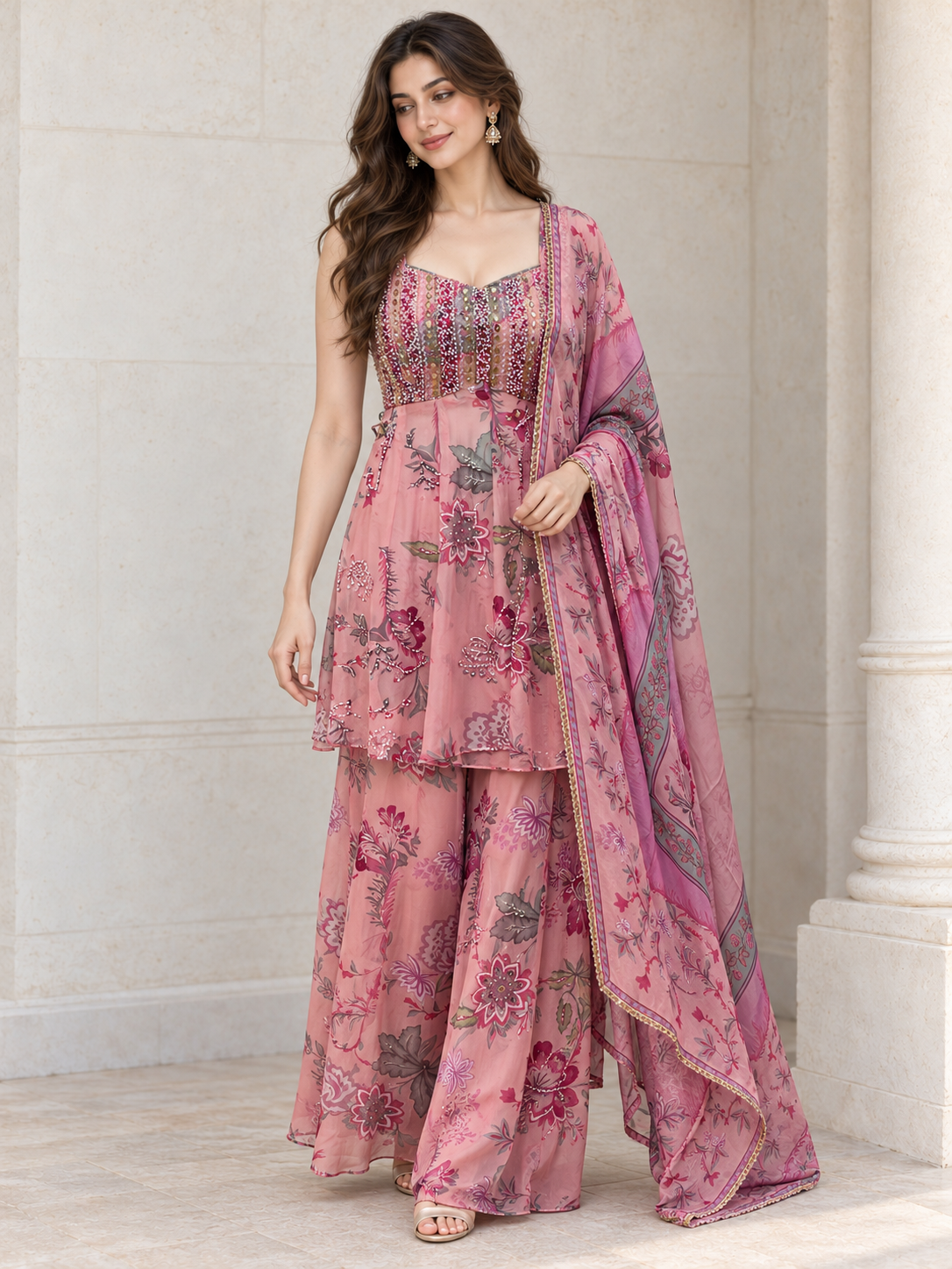 Blush Pink Floral Beaded Kurta Palazzo Set