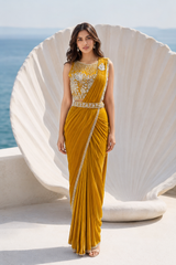 Mustard Pearl Draped Saree Set