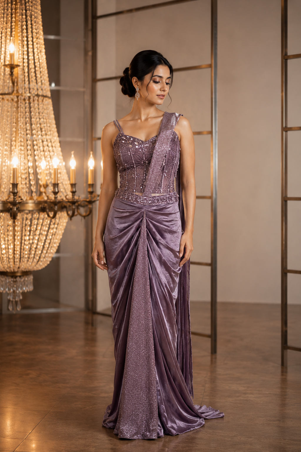 Mauve Crystal Draped Saree Set