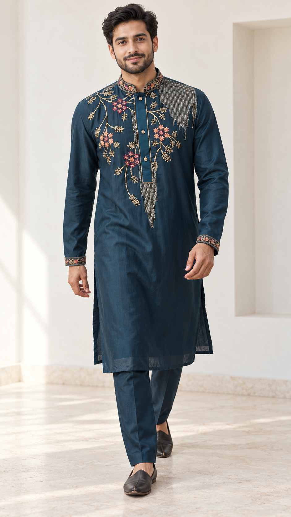 Midnight Teal Floral Chain Detail Kurta