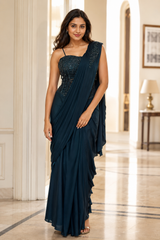 Deep Teal Corset Draped Saree Set