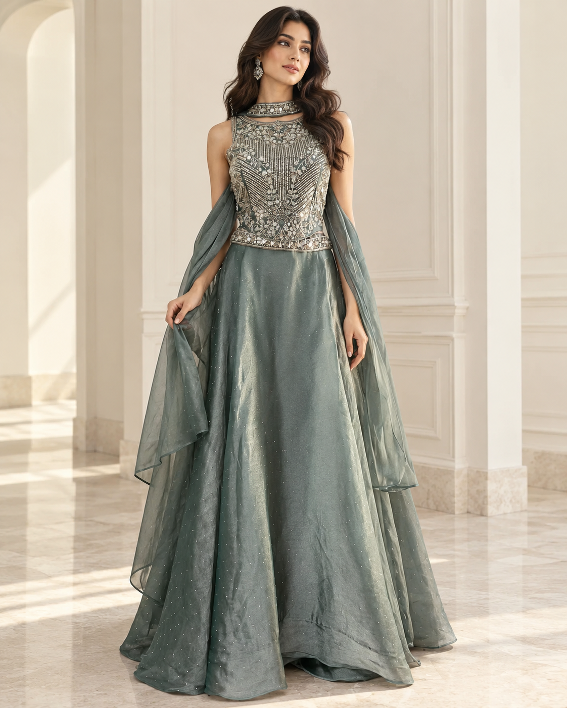 Smoky Sage Silver Jewel Lehenga Set