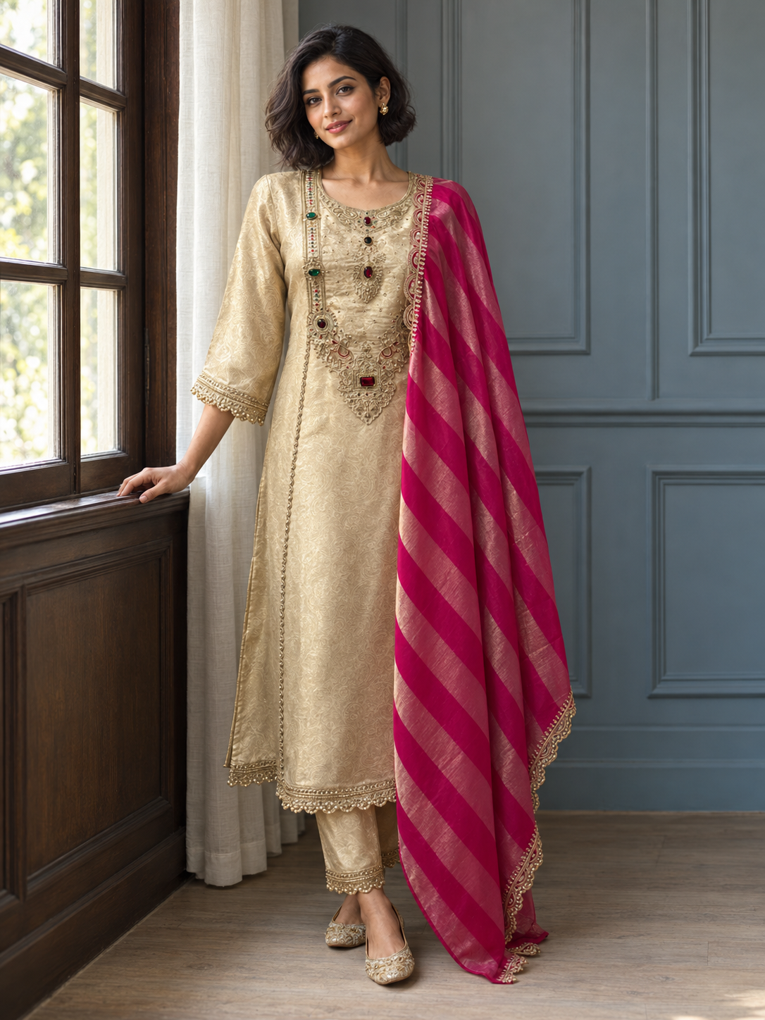 Champagne Gold Jewel Kurta Trouser Set