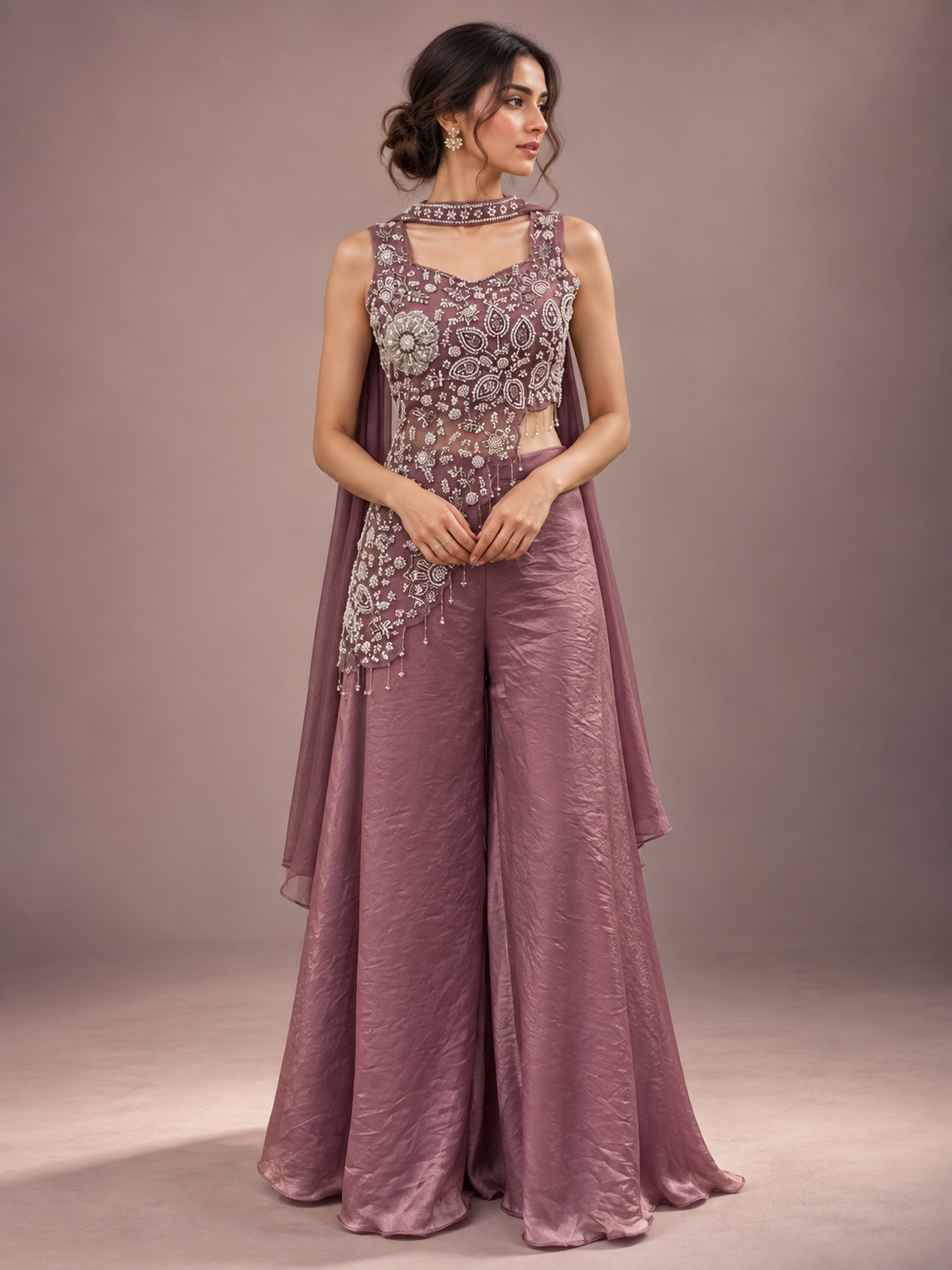 Dusty Mauve Silver Floral Palazzo Set