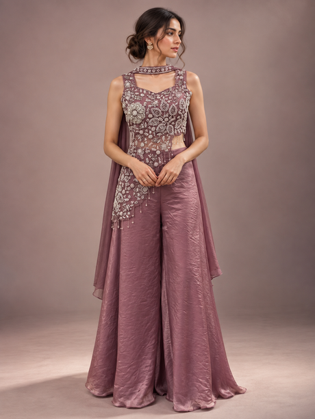 Dusty mauve palazzo set with silver floral work, front view