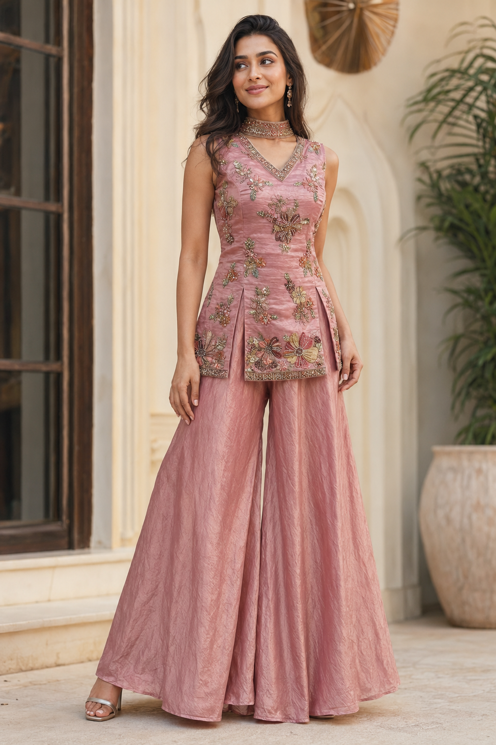 Dusty Rose Floral Embroidered Palazzo Set