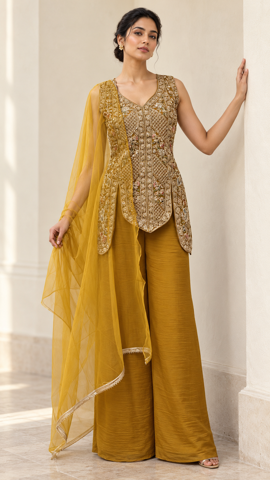 Mustard Gold Multicolor Jewel Longline Palazzo Set