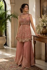 Peach Gold Embroidered Peplum Palazzo Ensemble