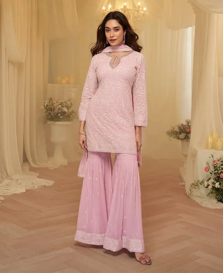 Blush Pink Embroidered Kurta with Sharara Set - MishUUU