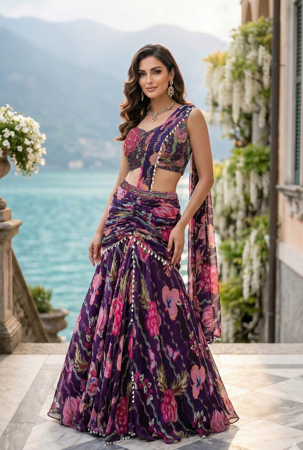 Plum Floral Drape Lehenga