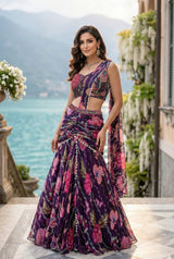 Plum Floral Drape Lehenga