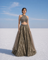 Gunmetal Shimmer Halter Lehenga Ensemble