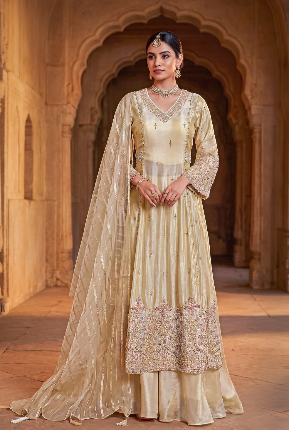 Champagne Gold Embroidered Anarkali Sharara Set