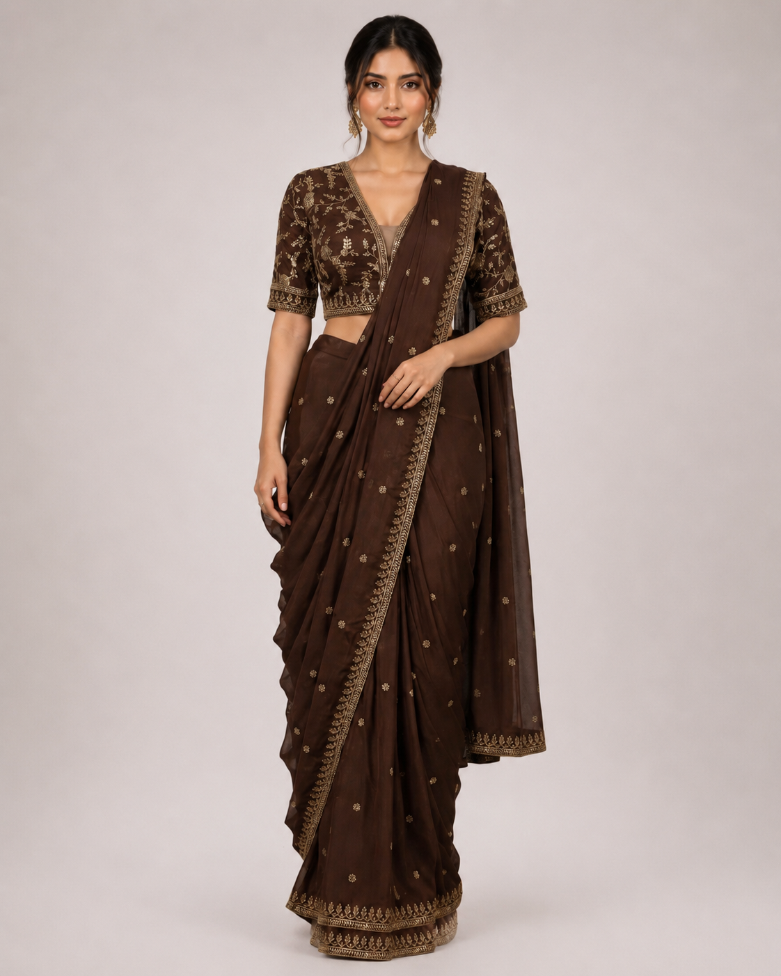 Espresso Brown Gold Embroidered Saree Ensemble