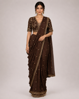 Espresso Brown Gold Embroidered Saree Ensemble