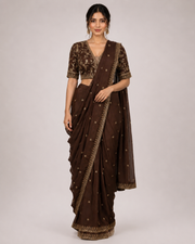 Espresso brown saree with gold embroidery and a matching blouse