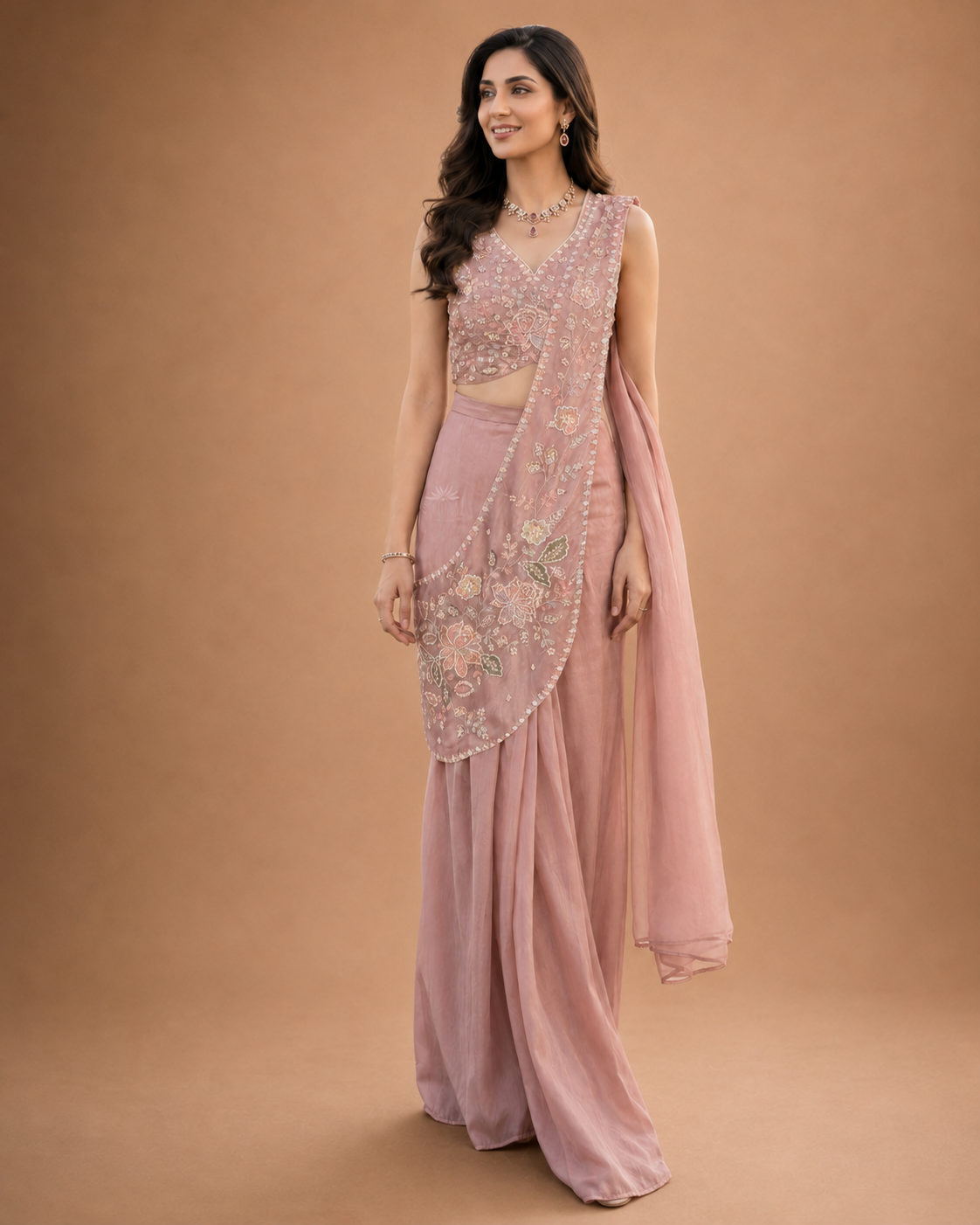 Dusty Rose Floral Draped Saree Ensemble