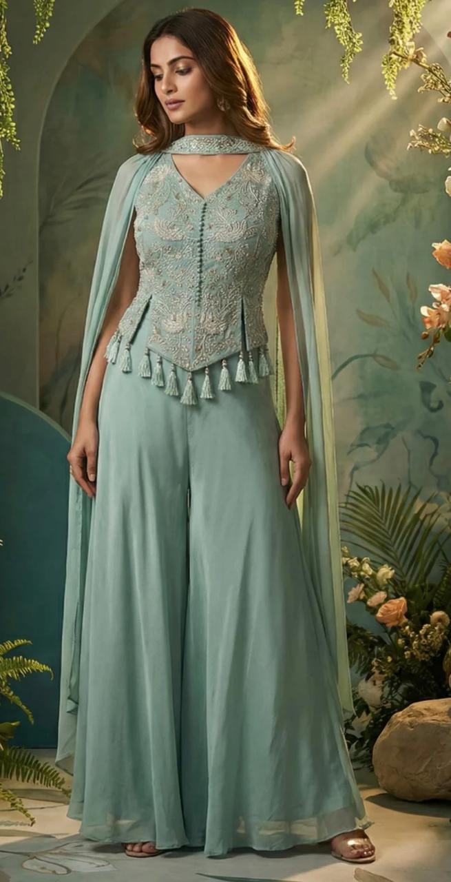 Aqua Cape Palazzo Couture Ensemble