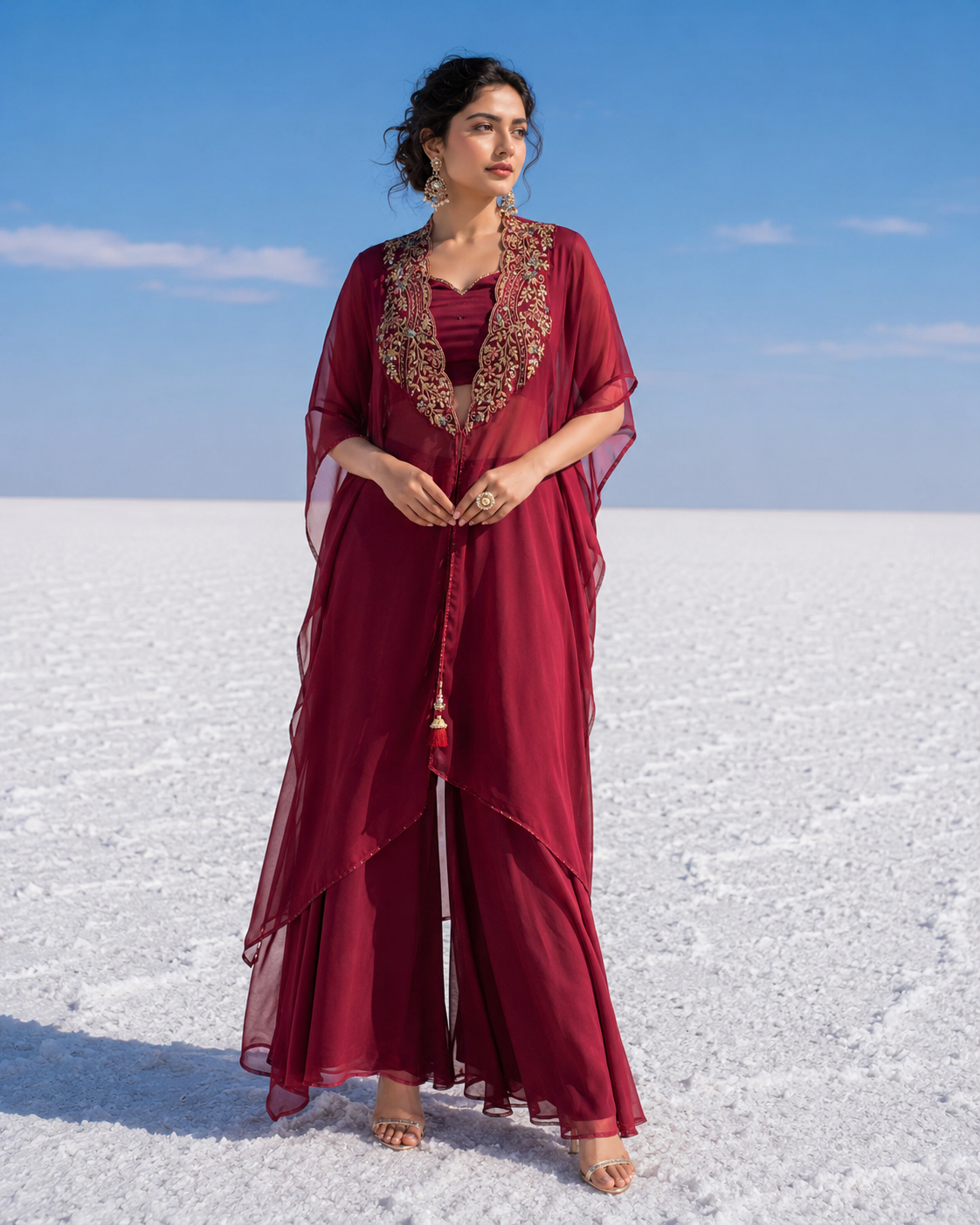 Burgundy Zari Cape Palazzo Ensemble