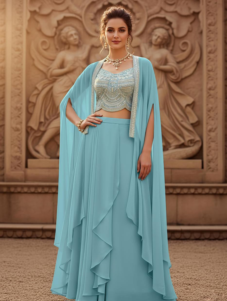 Aqua Pearl Drape Lehenga Couture Ensemble