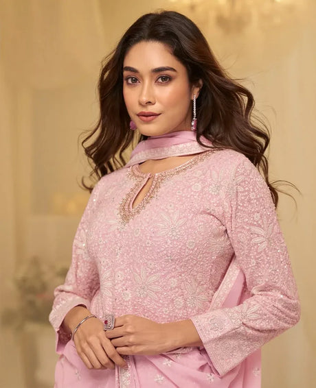 Blush Pink Embroidered Kurta with Sharara Set - MishUUU