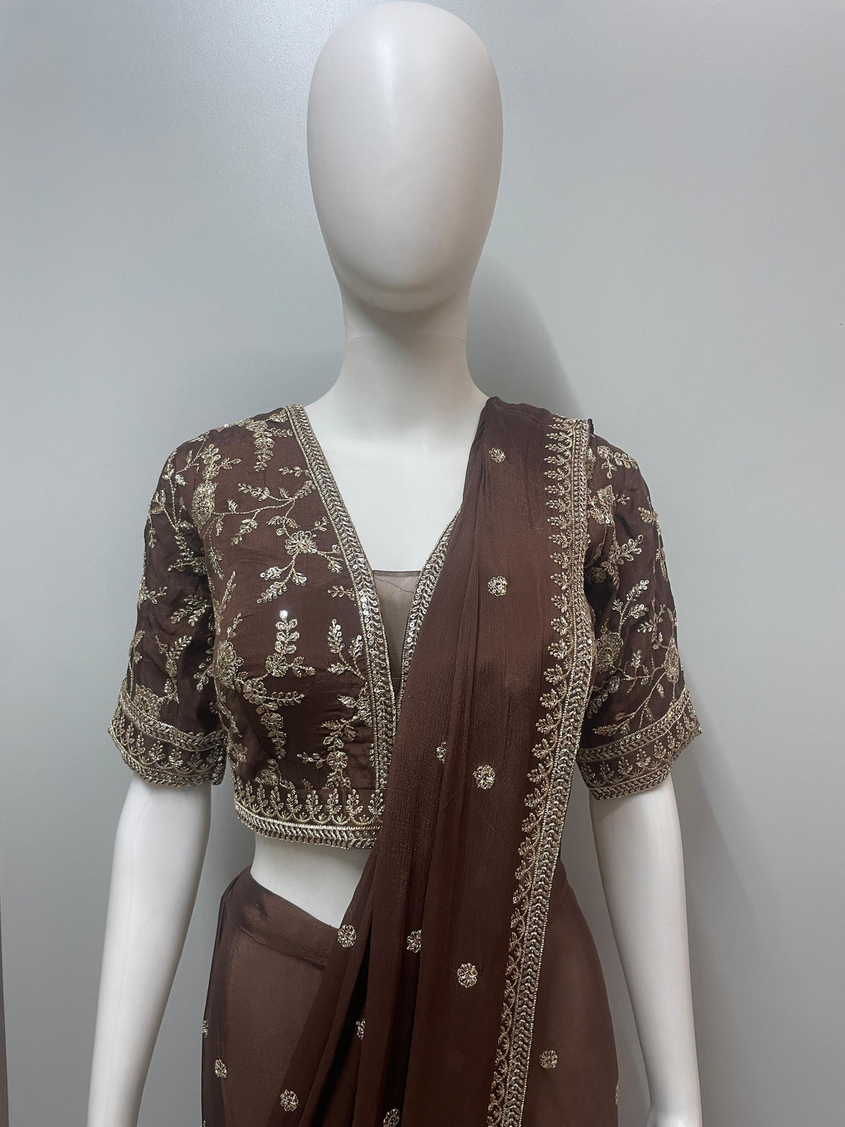Espresso Brown Gold Embroidered Saree Ensemble