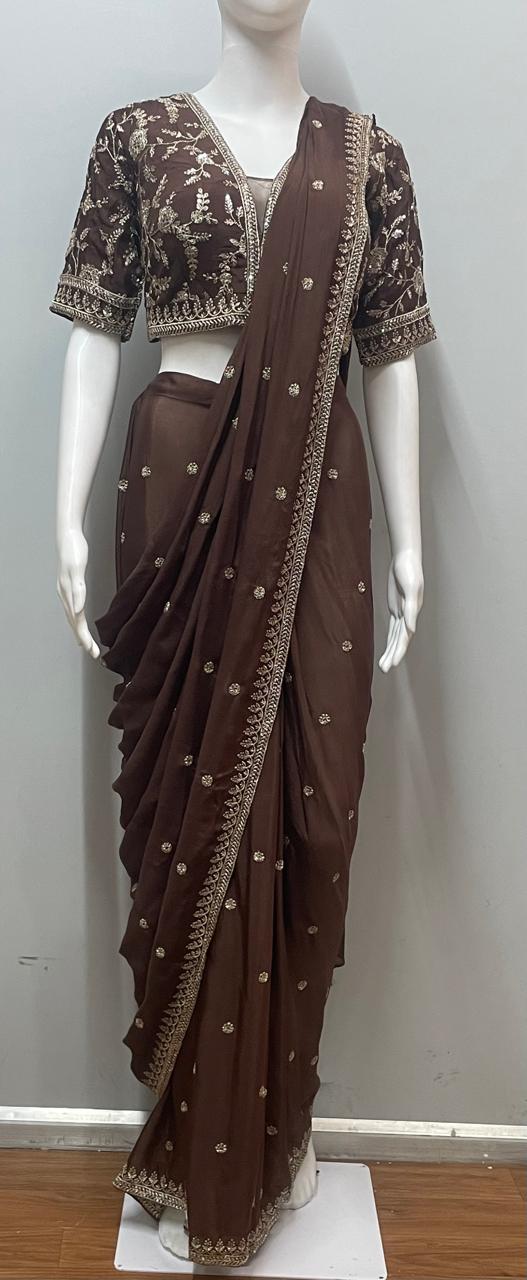Espresso Brown Gold Embroidered Saree Ensemble